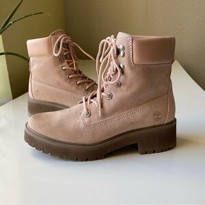 Timberland Carnaby Cool Boots Pink Mauve Suede leather Size 7.5 lace up chunky